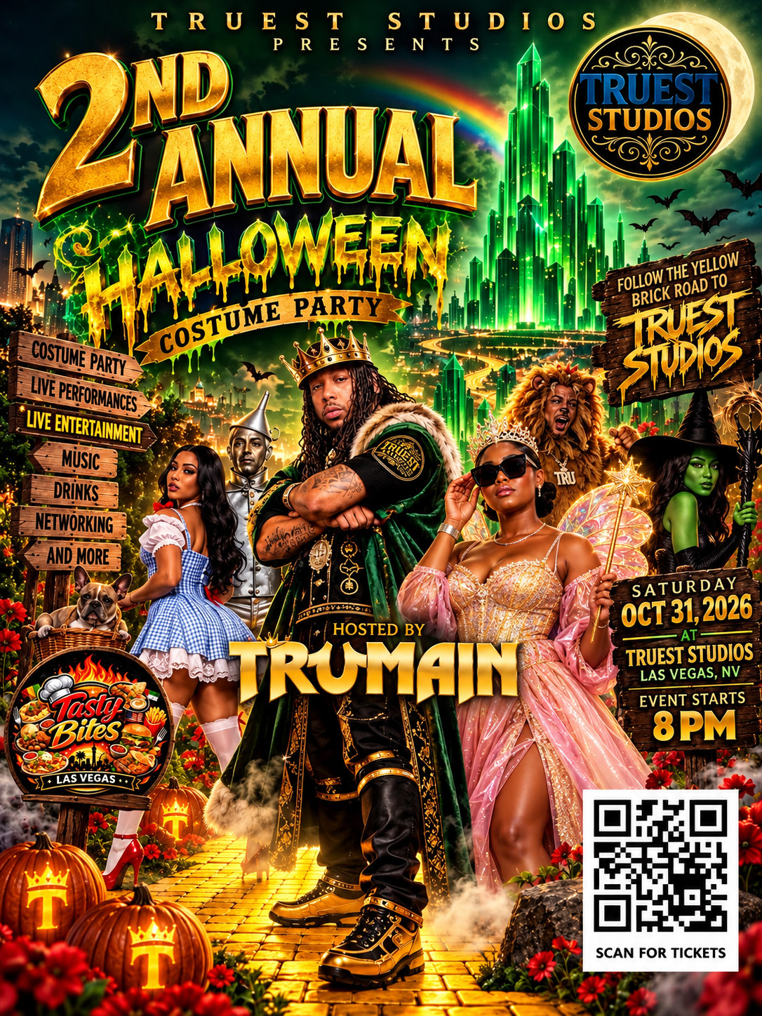 Truest Studios 2nd Annual Halloween Costume Party flyer — hosted by Trumain, Saturday October 31, 2026, 8 PM, Las Vegas, with food by Tasty Bites Las Vegas