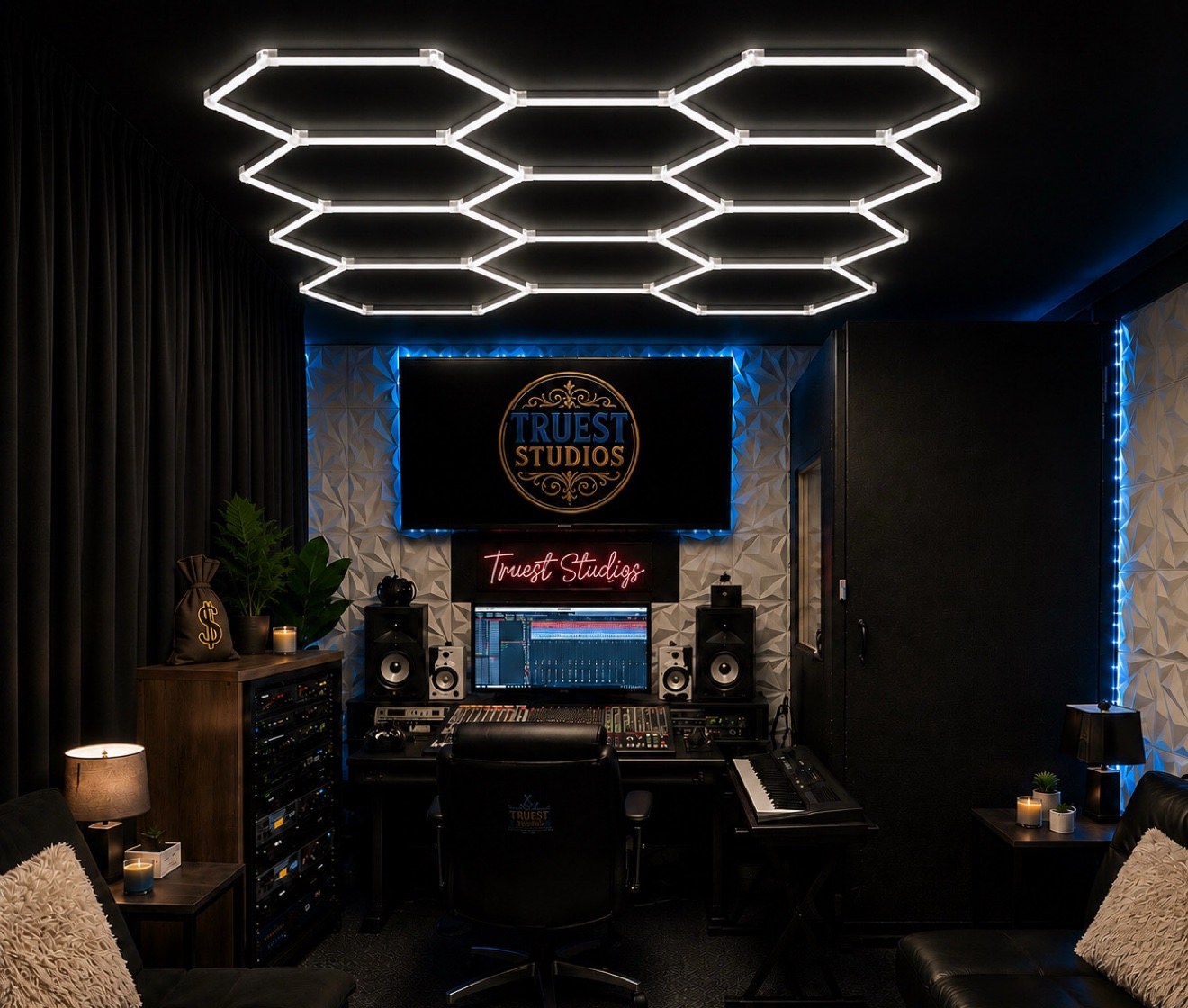 Inside Studio A at Truest Studios — control room with mixing desk, monitors and hexagonal ceiling lights